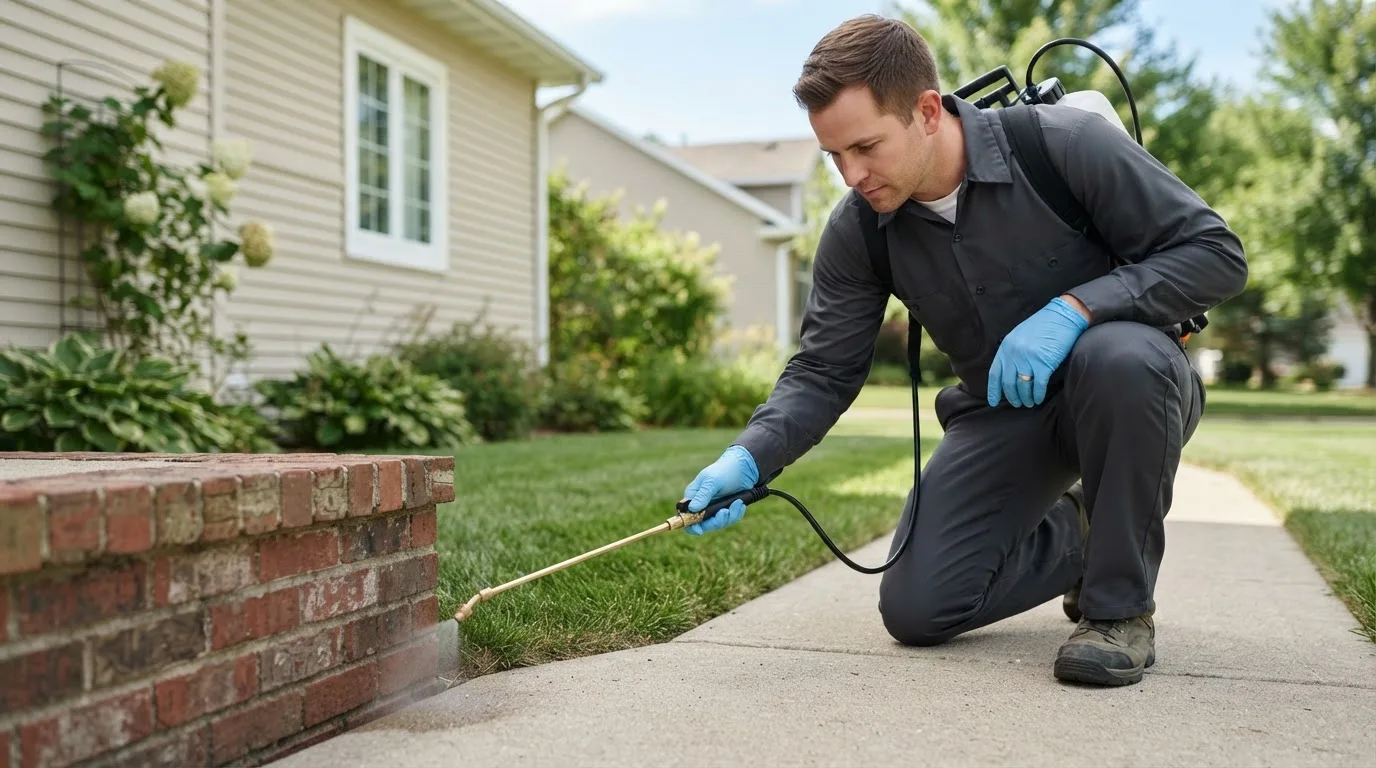 Pest control technician treating a home near Saint Hedwig, TX