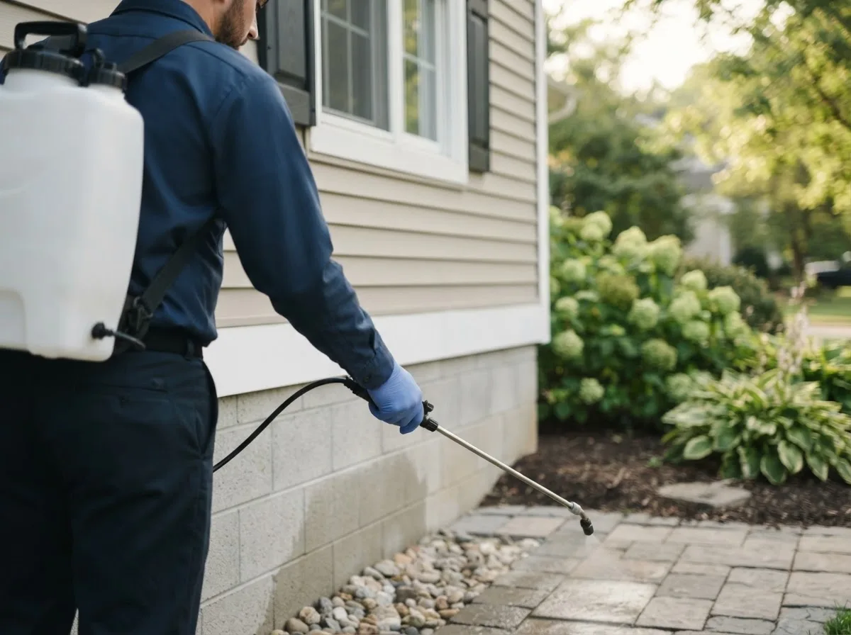 Pest control technician inspecting a home in Saint Hedwig, TX